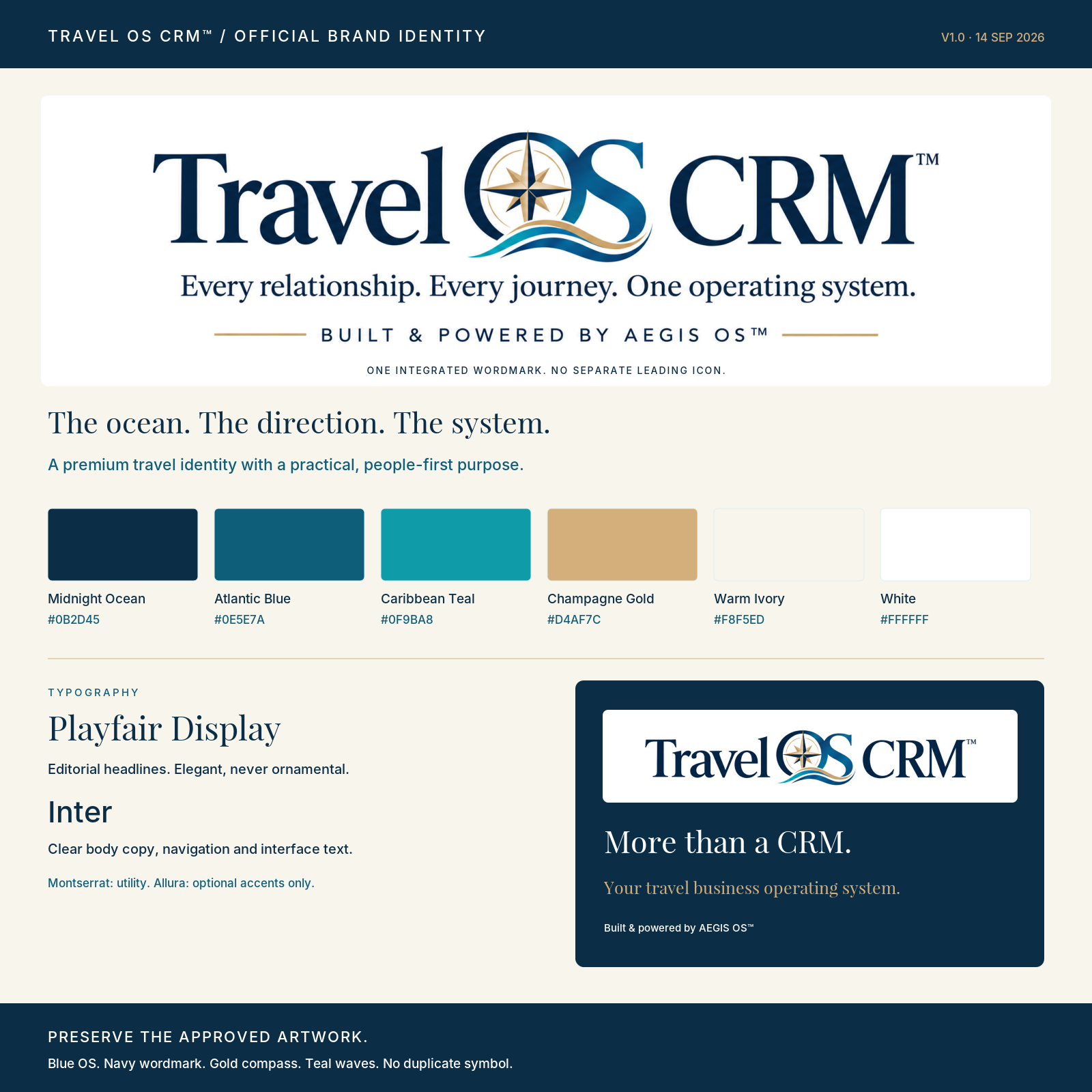 Travel OS CRM official brand board: approved logo lockups, colour palette, typography and usage rules.